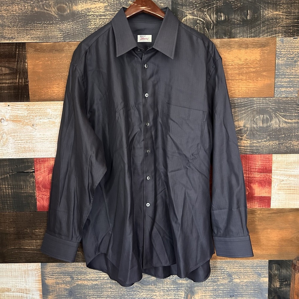 Brioni Neiman Marcus Dress Shirt XXL Black Italy Herringbone Cotton Mens